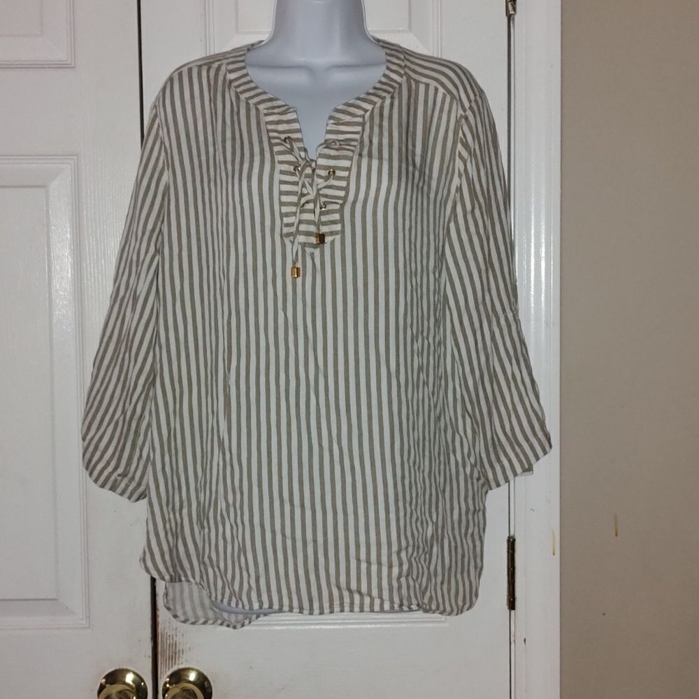 Ruby Rd tan white striped tunic  Sz XL